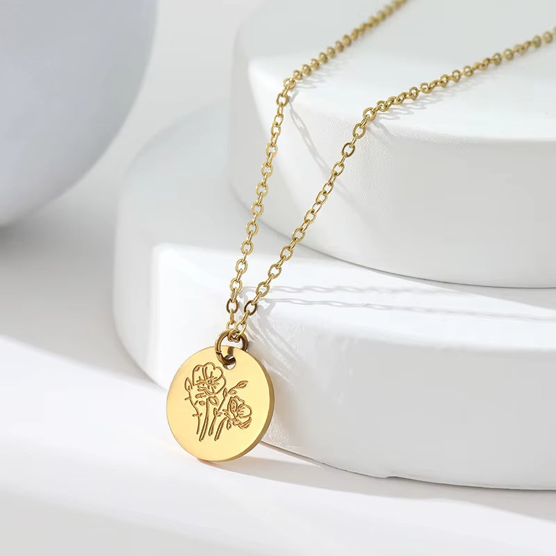 Engraved Birth Month Necklace | Botanical Flower Charm | Gift for Her