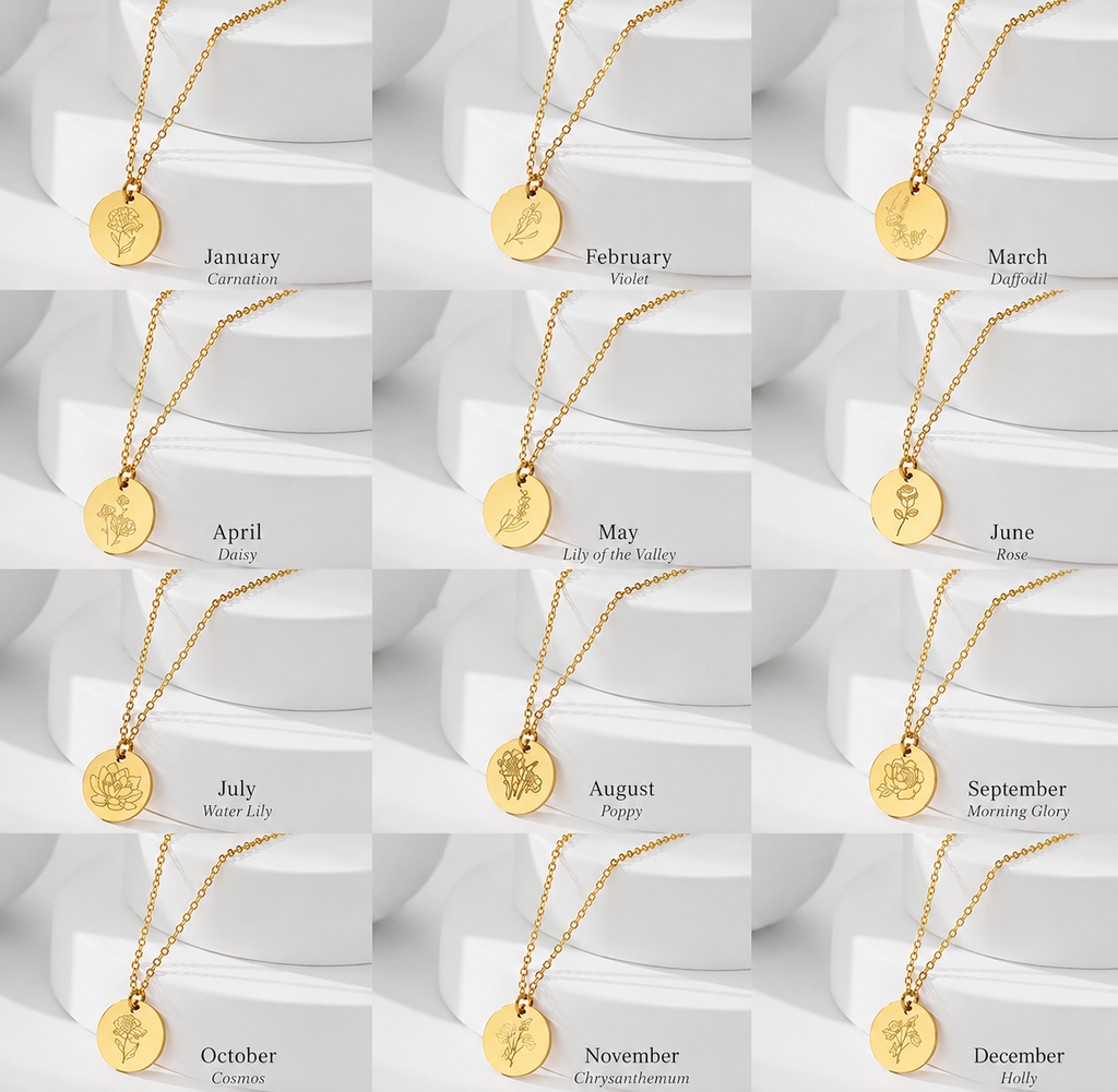 Engraved Birth Month Necklace | Botanical Flower Charm | Gift for Her