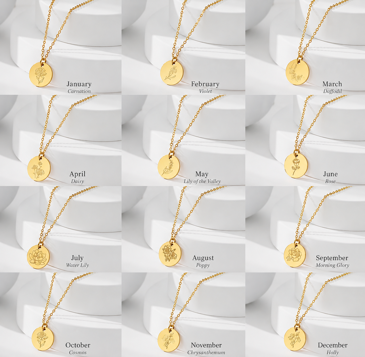 Engraved Birth Month Necklace | Botanical Flower Charm | Gift for Her