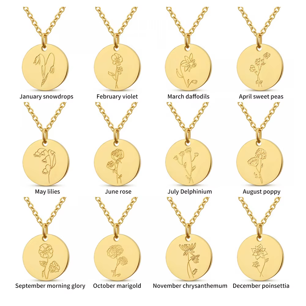 Engraved Birth Month Necklace | Botanical Flower Charm | Gift for Her