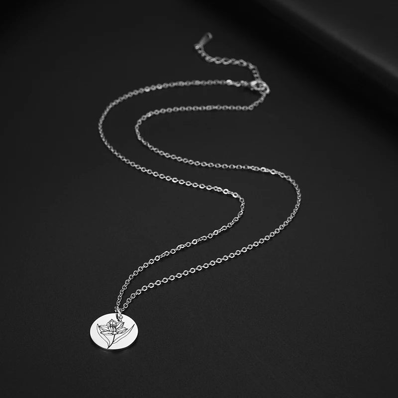 Stainless Steel Birth Month Flower Necklace Delicate Birth Flowers Necklace Peony Rose Holly Necklace Women Jewelry