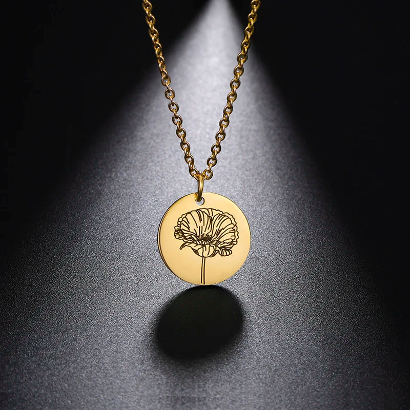 Stainless Steel Birth Month Flower Necklace Delicate Birth Flowers Necklace Peony Rose Holly Necklace Women Jewelry