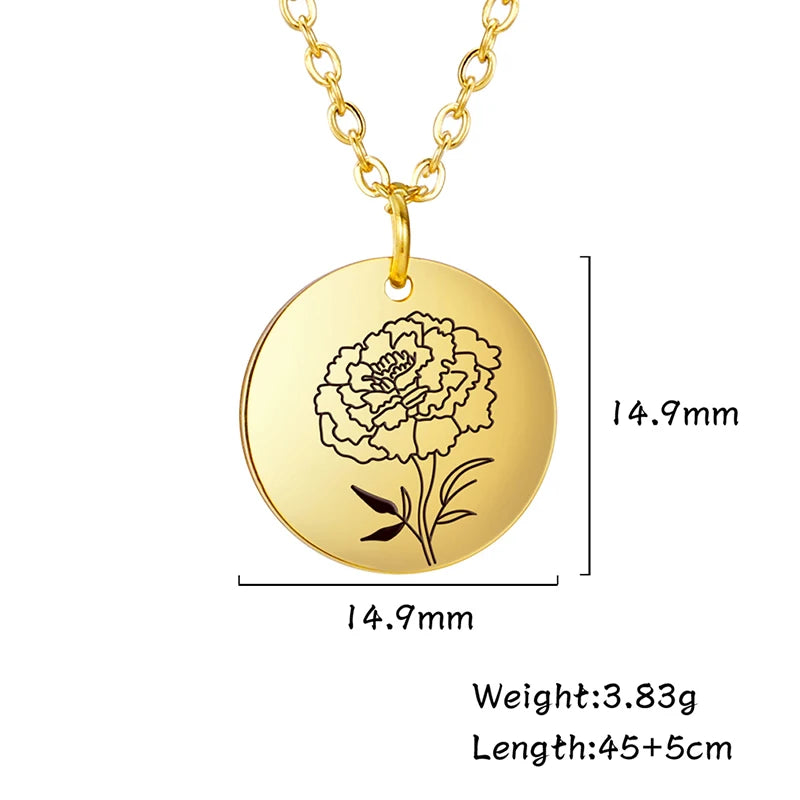 Stainless Steel Birth Month Flower Necklace Delicate Birth Flowers Necklace Peony Rose Holly Necklace Women Jewelry